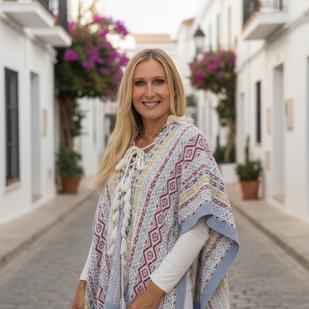 Cabi Love Carol Collection Southwestern Knit Fringe Poncho Blue Red XS S 5001